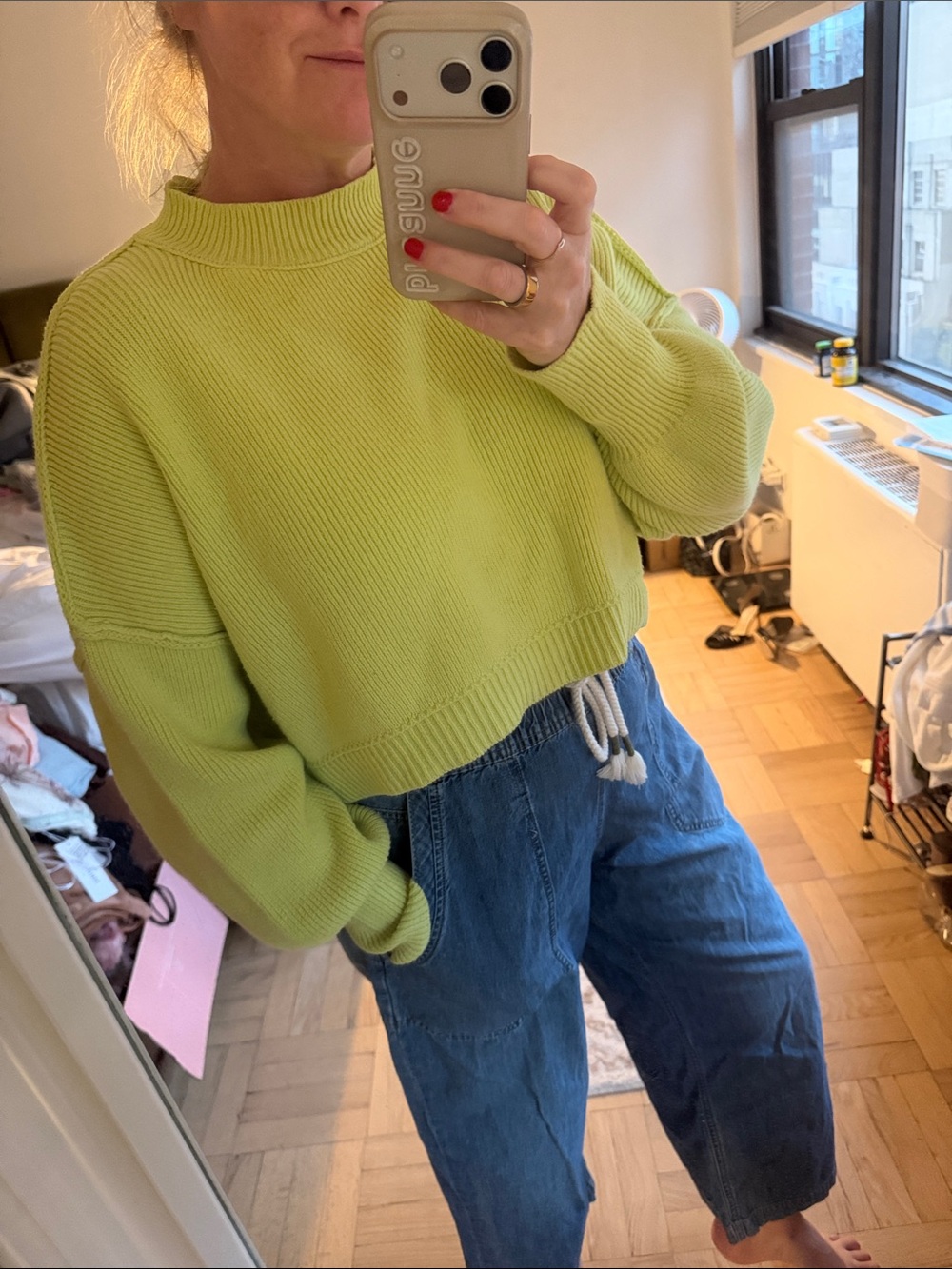 Free People Neon Lime Ribbed Cropped Crewneck Sweater